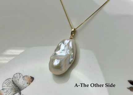 One-Of-A-Kind 15-30 mm AAA Very Rare Natural White Mauve Peacock Edison Pearl With Iridescent Gold Sheen 14K Solid Gold Pendant #PD0009
