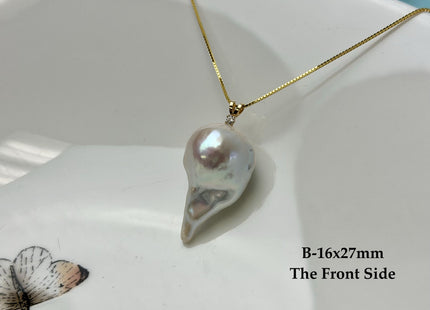 One-Of-A-Kind 15-30 mm AAA Very Rare Natural White Mauve Peacock Edison Pearl With Iridescent Gold Sheen 14K Solid Gold Pendant #PD0009