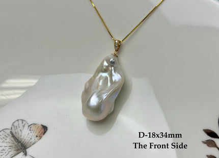 One-Of-A-Kind 15-30 mm AAA Very Rare Natural White Mauve Peacock Edison Pearl With Iridescent Gold Sheen 14K Solid Gold Pendant #PD0009