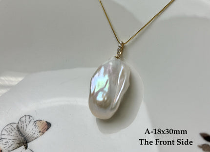 One-Of-A-Kind 15-30 mm AAA Very Rare Natural White Mauve Peacock Edison Pearl With Iridescent Gold Sheen 14K Solid Gold Pendant #PD0009