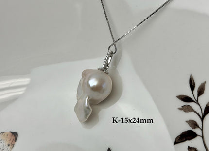 One-Of-A-Kind 11-25 mm Rare Natural White Baroque/Edison Pearl With .925 Sterling Silver/Gold Pendant #PD0010