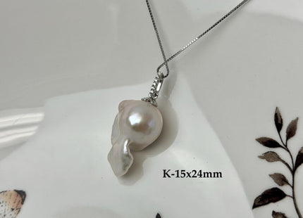 One-Of-A-Kind 11-25 mm Rare Natural White Baroque/Edison Pearl With .925 Sterling Silver/Gold Pendant #PD0010