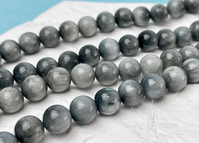 10 mm AAA Smooth Round Silvery Gray Black Eagle Eye Gemstones Natural Color Top Quality Round Eagle Eye Gemstone Loose Beads 38 Pieces #4766