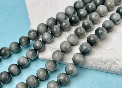 10 mm AAA Smooth Round Silvery Gray Black Eagle Eye Gemstones Natural Color Top Quality Round Eagle Eye Gemstone Loose Beads 38 Pieces #4766