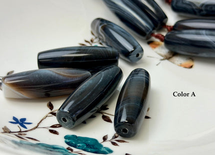 One Piece 13x38 mm AAA Dark Blue and White Wave Agate Gemstone Large 2.0mm Hole Barrel Beads 1.5 Inch Long #4759