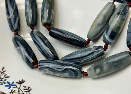 One Piece 13x38 mm AAA Dark Blue and White Wave Agate Gemstone Large 2.0mm Hole Barrel Beads 1.5 Inch Long #4759