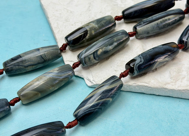 One Piece 13x38 mm AAA Dark Blue and White Wave Agate Gemstone Large 2.0mm Hole Barrel Beads 1.5 Inch Long #4759