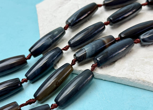 One Piece 13x38 mm AAA Dark Blue and White Wave Agate Gemstone Large 2.0mm Hole Barrel Beads 1.5 Inch Long #4759