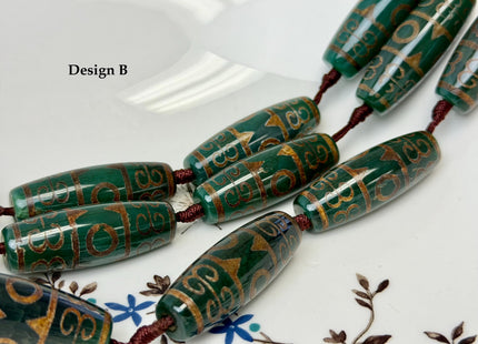 One Piece 14x40 mm AAA DZI Tibetan Agate Green and Brown Gemstone Large 2.0mm Hole Mala Antique Boho Barrel Beads 1.5 Inch Long #4760