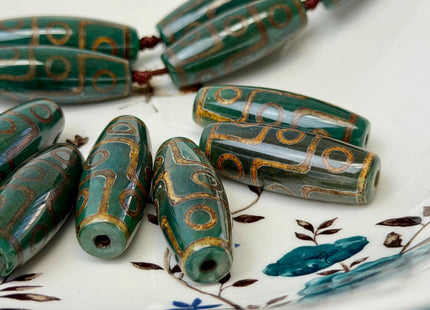 One Piece 14x40 mm AAA DZI Tibetan Agate Green and Brown Gemstone Large 2.0mm Hole Mala Antique Boho Barrel Beads 1.5 Inch Long #4760
