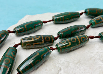 One Piece 14x40 mm AAA DZI Tibetan Agate Green and Brown Gemstone Large 2.0mm Hole Mala Antique Boho Barrel Beads 1.5 Inch Long #4760