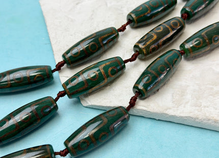 One Piece 14x40 mm AAA DZI Tibetan Agate Green and Brown Gemstone Large 2.0mm Hole Mala Antique Boho Barrel Beads 1.5 Inch Long #4760