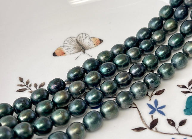 8-9x9-10 mm Dark Green Color Freshwater Rice/Oval Pearls Freshwater Pearls 41 Pieces #P3344