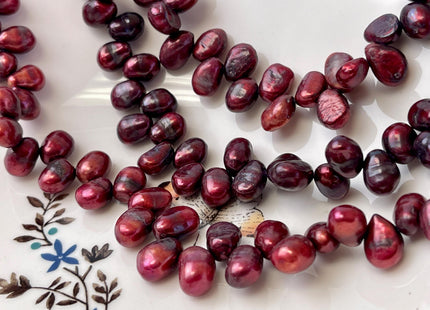 8-9x10-11 mm Top Drilled Burgundy Red Color Rice/Oval Freshwater Pearl Beads Genuine Freshwater Pearls 63 Pieces #P3345