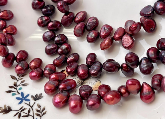 8-9x10-11 mm Top Drilled Burgundy Red Color Rice/Oval Freshwater Pearl Beads Genuine Freshwater Pearls 63 Pieces #P3345