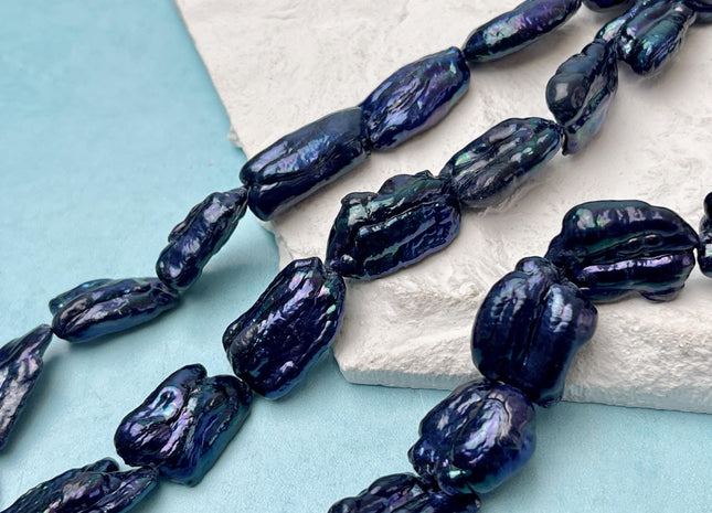 10-14x15-21 mm AA Purplish Peacock Blue Biwa Stick Freshwater Pearl Beads Biwa Keshi Pearls 21 Pieces #P3346