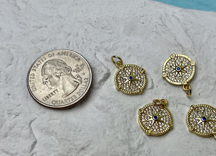 Compass Star Design Circular Charm for Necklace Jewelry Making, 18K Gold Filled Charm Medallion Pendant With CZ, One Piece #CR0013