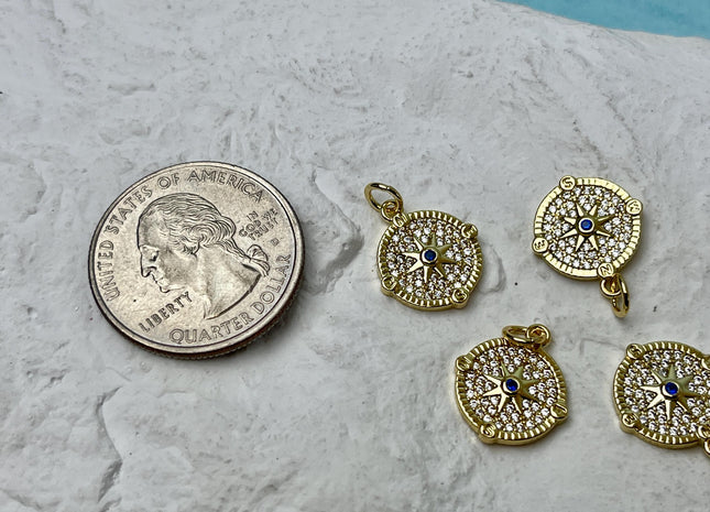 Compass Star Design Circular Charm for Necklace Jewelry Making, 18K Gold Filled Charm Medallion Pendant With CZ, One Piece #CR0013