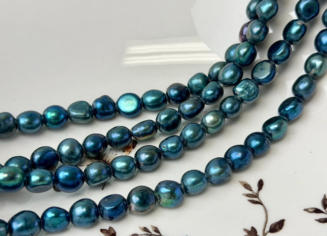 8x8.5-10 mm AA Teal Blue Peacock Color Rice Nugget Freshwater Pearls Large 2.1 mm Hole Lustrous Rice Nugget Pearl Beads 43 Pieces #P3332