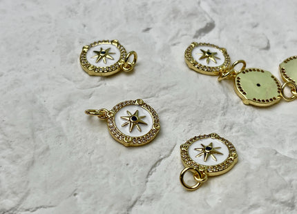Compass Star Design Circular Charm for Necklace Jewelry Making, 18K Gold Filled Enamel Colored Medallion Pendant With CZ, One Piece #CR0095