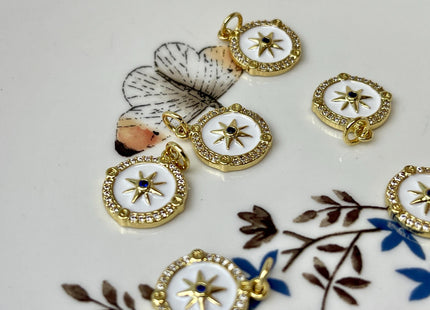 Compass Star Design Circular Charm for Necklace Jewelry Making, 18K Gold Filled Enamel Colored Medallion Pendant With CZ, One Piece #CR0095