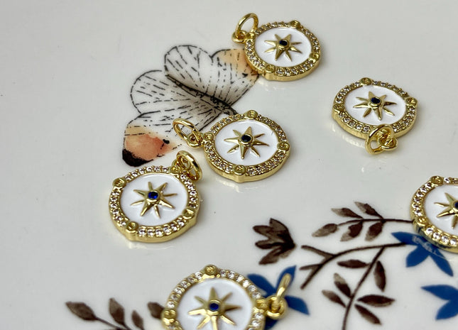 Compass Star Design Circular Charm for Necklace Jewelry Making, 18K Gold Filled Enamel Colored Medallion Pendant With CZ, One Piece #CR0095