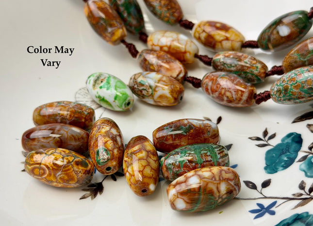 One Piece 13x24 mm AAA DZI Tibetan Agate Green and Brown Gemstone Large 2.0mm Hole Mala Antique Boho Barrel Beads 1 Inch Long #4770