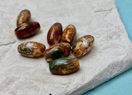 One Piece 13x24 mm AAA DZI Tibetan Agate Green and Brown Gemstone Large 2.0mm Hole Mala Antique Boho Barrel Beads 1 Inch Long #4770