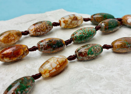 One Piece 13x24 mm AAA DZI Tibetan Agate Green and Brown Gemstone Large 2.0mm Hole Mala Antique Boho Barrel Beads 1 Inch Long #4770