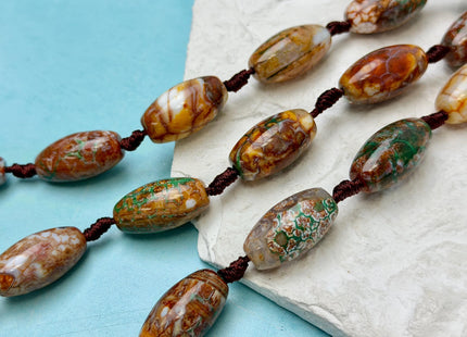 One Piece 13x24 mm AAA DZI Tibetan Agate Green and Brown Gemstone Large 2.0mm Hole Mala Antique Boho Barrel Beads 1 Inch Long #4770