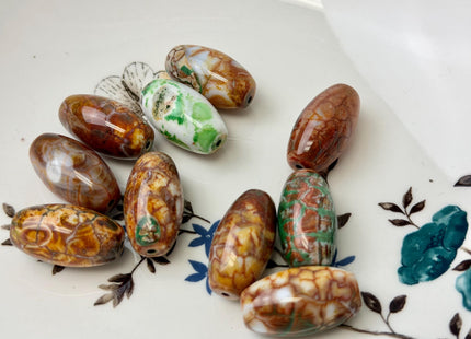 One Piece 13x24 mm AAA DZI Tibetan Agate Green and Brown Gemstone Large 2.0mm Hole Mala Antique Boho Barrel Beads 1 Inch Long #4770