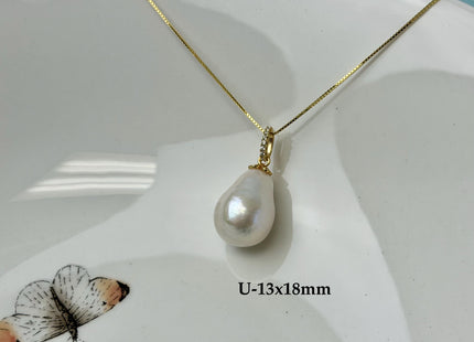 One-Of-A-Kind 11-25 mm Rare Natural White Baroque/Edison Pearl With .925 Sterling Silver/Gold Pendant #PD0010