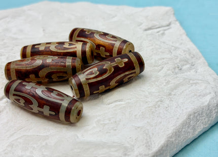 One Piece 14x40 mm AAA DZI Tibetan Brown Gemstone Large 2.0mm Hole Mala Antique Cross Heart Design Boho Barrel Beads 1.5 Inch Long #4771