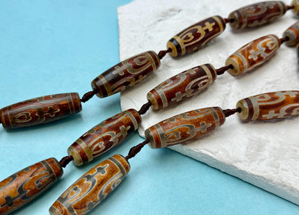 One Piece 14x40 mm AAA DZI Tibetan Brown Gemstone Large 2.0mm Hole Mala Antique Cross Heart Design Boho Barrel Beads 1.5 Inch Long #4771