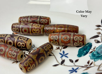 One Piece 14x40 mm AAA DZI Tibetan Brown Gemstone Large 2.0mm Hole Mala Antique Design Boho Barrel Beads 1.5 Inch Long #4772