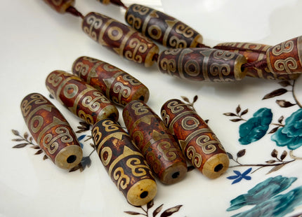 One Piece 14x40 mm AAA DZI Tibetan Brown Gemstone Large 2.0mm Hole Mala Antique Design Boho Barrel Beads 1.5 Inch Long #4772