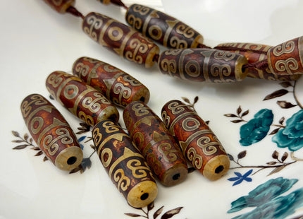 One Piece 14x40 mm AAA DZI Tibetan Brown Gemstone Large 2.0mm Hole Mala Antique Design Boho Barrel Beads 1.5 Inch Long #4772