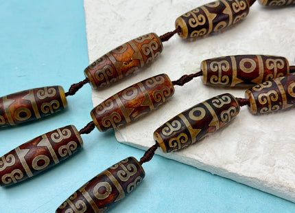 One Piece 14x40 mm AAA DZI Tibetan Brown Gemstone Large 2.0mm Hole Mala Antique Design Boho Barrel Beads 1.5 Inch Long #4772