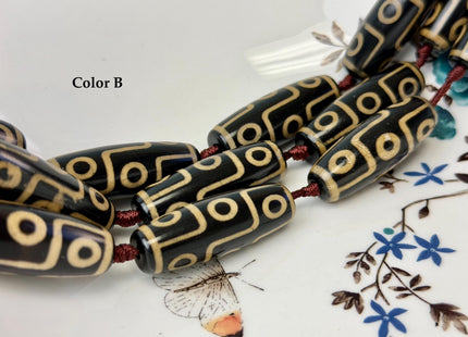 One Piece 14x40 mm AAA DZI Tibetan Black Brown Gemstone Large 2.0mm Hole Mala Antique Design Boho Barrel Beads 1.5 Inch Long #4773