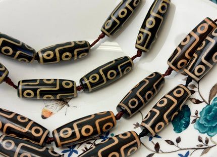 One Piece 14x40 mm AAA DZI Tibetan Black Brown Gemstone Large 2.0mm Hole Mala Antique Design Boho Barrel Beads 1.5 Inch Long #4773