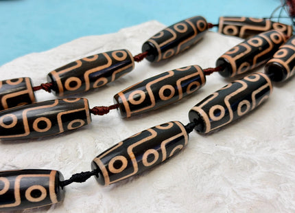 One Piece 14x40 mm AAA DZI Tibetan Black Brown Gemstone Large 2.0mm Hole Mala Antique Design Boho Barrel Beads 1.5 Inch Long #4773