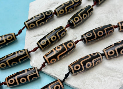 One Piece 14x40 mm AAA DZI Tibetan Black Brown Gemstone Large 2.0mm Hole Mala Antique Design Boho Barrel Beads 1.5 Inch Long #4773