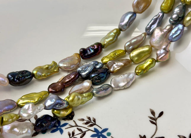 7-10x12-21 mm AA Green Gray Brown Peacock Natural Keshi Rice/Oval Nugget High Luster Freshwater Pearl Beads #P3368