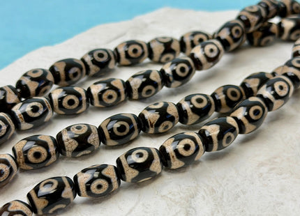 10x14 mm AAA DZI Tibetan Agate Barrel Shape Black Brown Agate Gemstone Mala Antique Boho Eye Beads 13.5 Inches 25 Pieces #4778