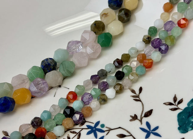 6mm 8mm Faceted Star Cut Amethyst Lapis Jade Black Tourmaline Rose Quartz Gemstones 15 Inches Strand #4791