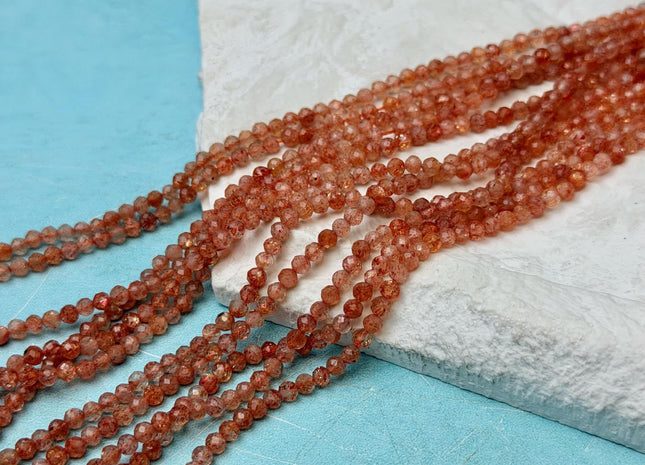 3 mm Faceted Round Tiny Orange Sunstone Natural Gemstone 15 Inches Strand 143 Pieces #4793