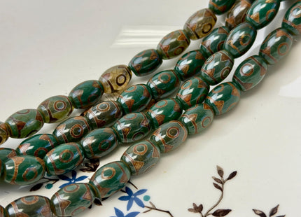 10x14 mm AAA DZI Tibetan Agate Barrel Shape Green Brown Agate Gemstone Mala Antique Boho Eye Beads 13.5 Inches 25 Pieces #4781