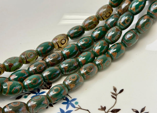 10x14 mm AAA DZI Tibetan Agate Barrel Shape Green Brown Agate Gemstone Mala Antique Boho Eye Beads 13.5 Inches 25 Pieces #4781