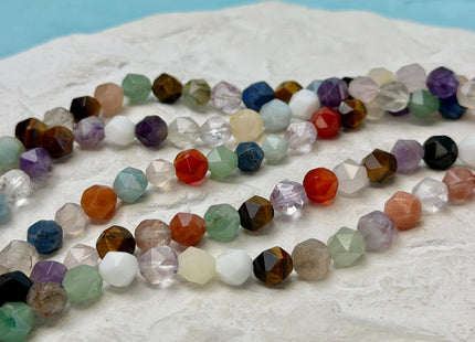 6mm 8mm 10mm Faceted Star Cut Mixed Amethyst Amazonite Aquamarine Carnelian Quartz Gemstone Beads 15 Inches Strand #4782