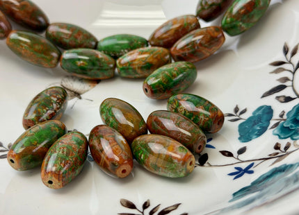 One Piece 13x24 mm AAA DZI Tibetan Agate Green and Brown Gemstone Large 1.5mm Hole Mala Antique Boho Barrel Beads #4785
